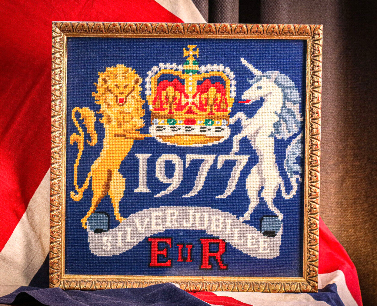 Nice Queen Elizabeth II Jubilee Vintage Needlepoint Coat of Arms Armorial