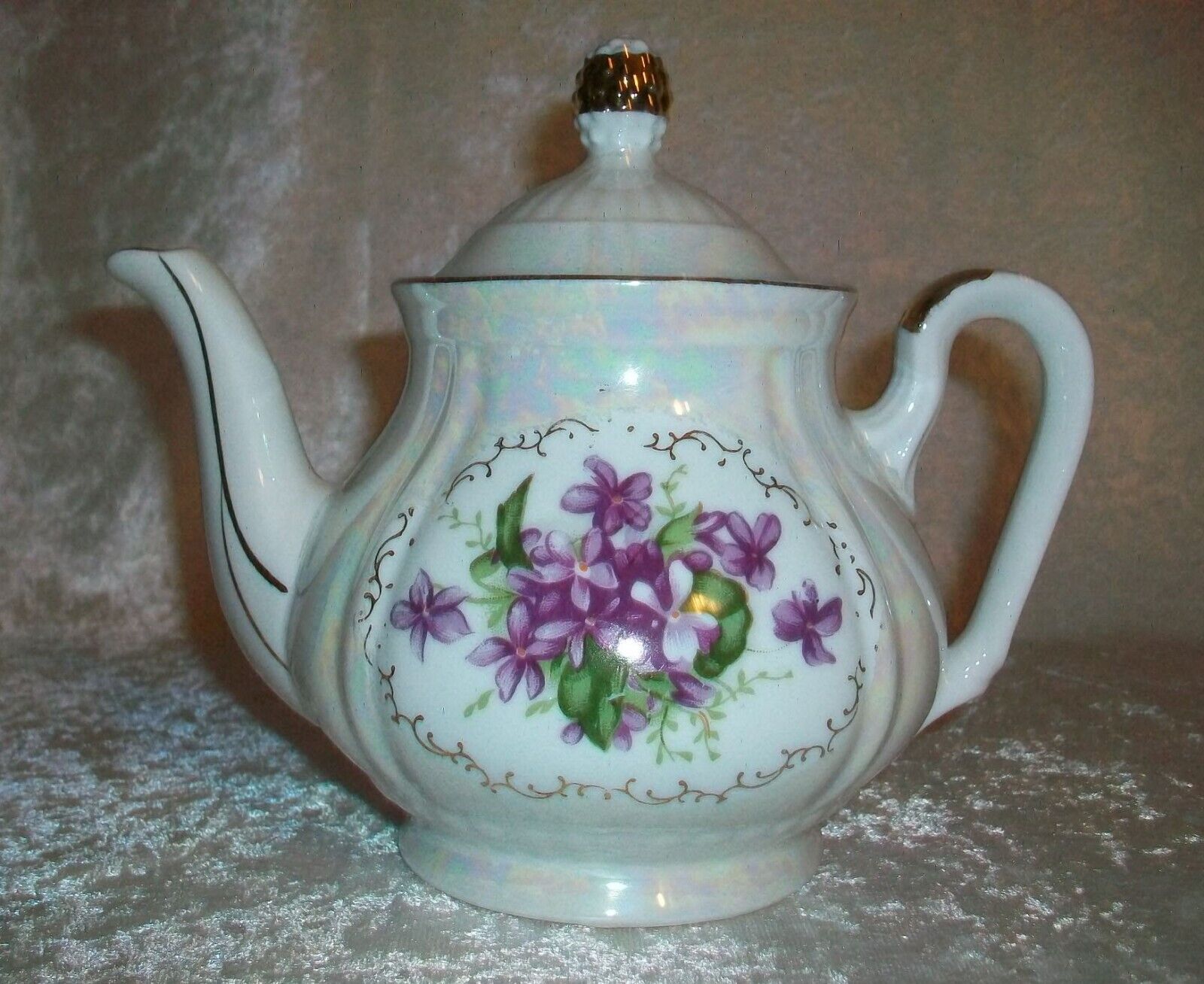 Vintage English White Iridescent Lustreware Purple Violets Floral Tea Pot Teapot