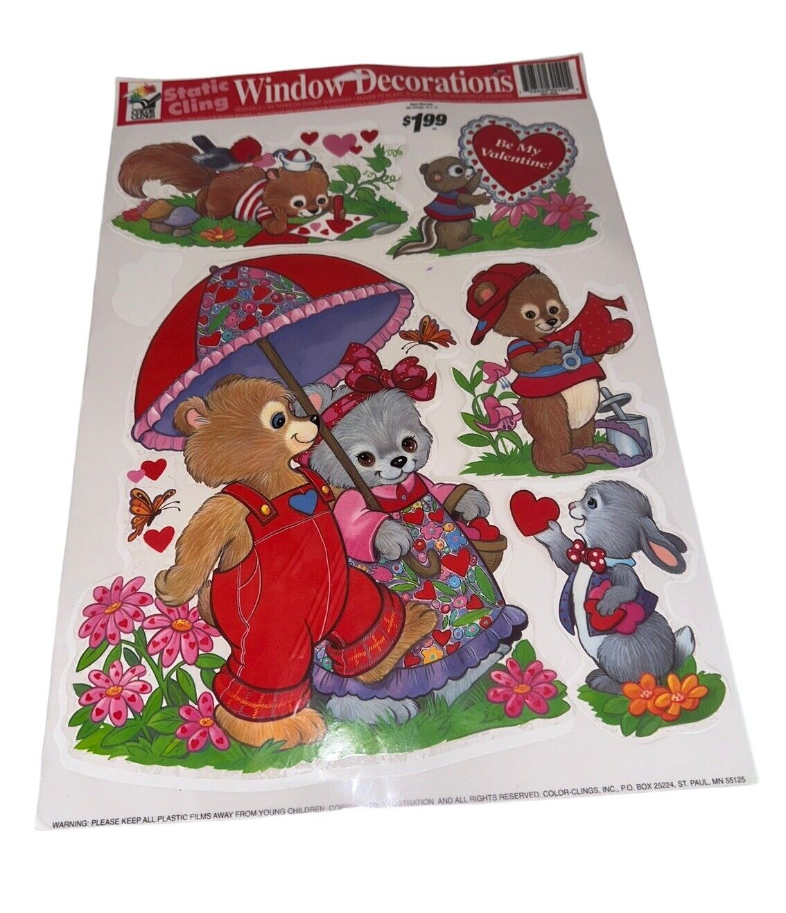 Vintage Valentine\'s Day Decorations  Cling Window Animals Color Clings USA Made 
