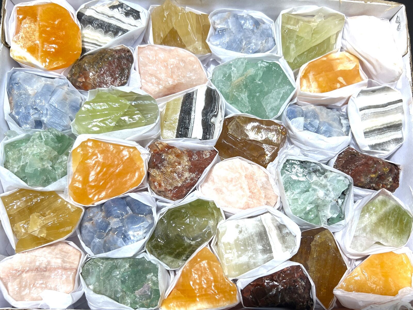 Calcite & Fluorite Mixed Rough Crystals (Avg 6.5 LBs) Large Box Flat Bulk