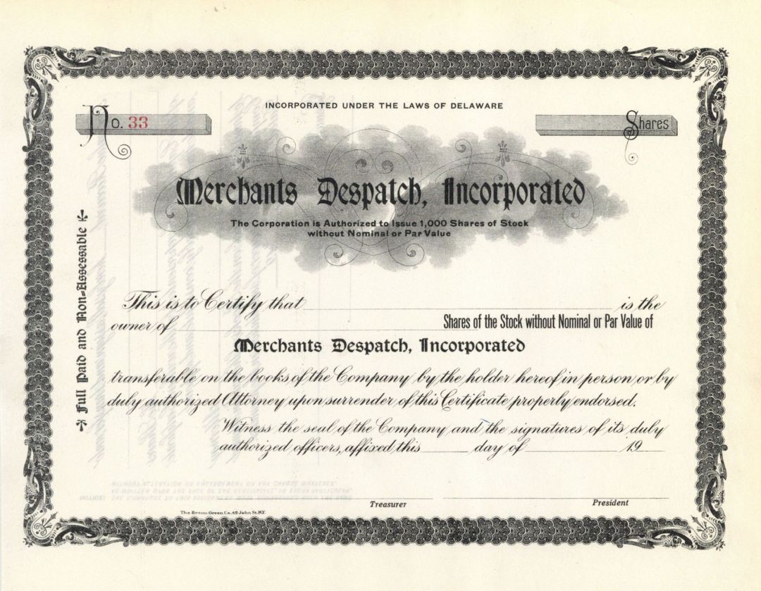 Merchants Despatch, Inc. - Stock Certificate - General Stocks