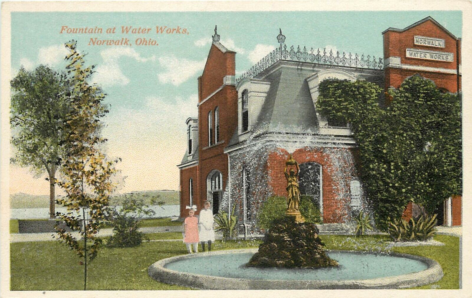 c1910 Postcard; Children at Fountain at Water Works, Norwalk OH Huron County