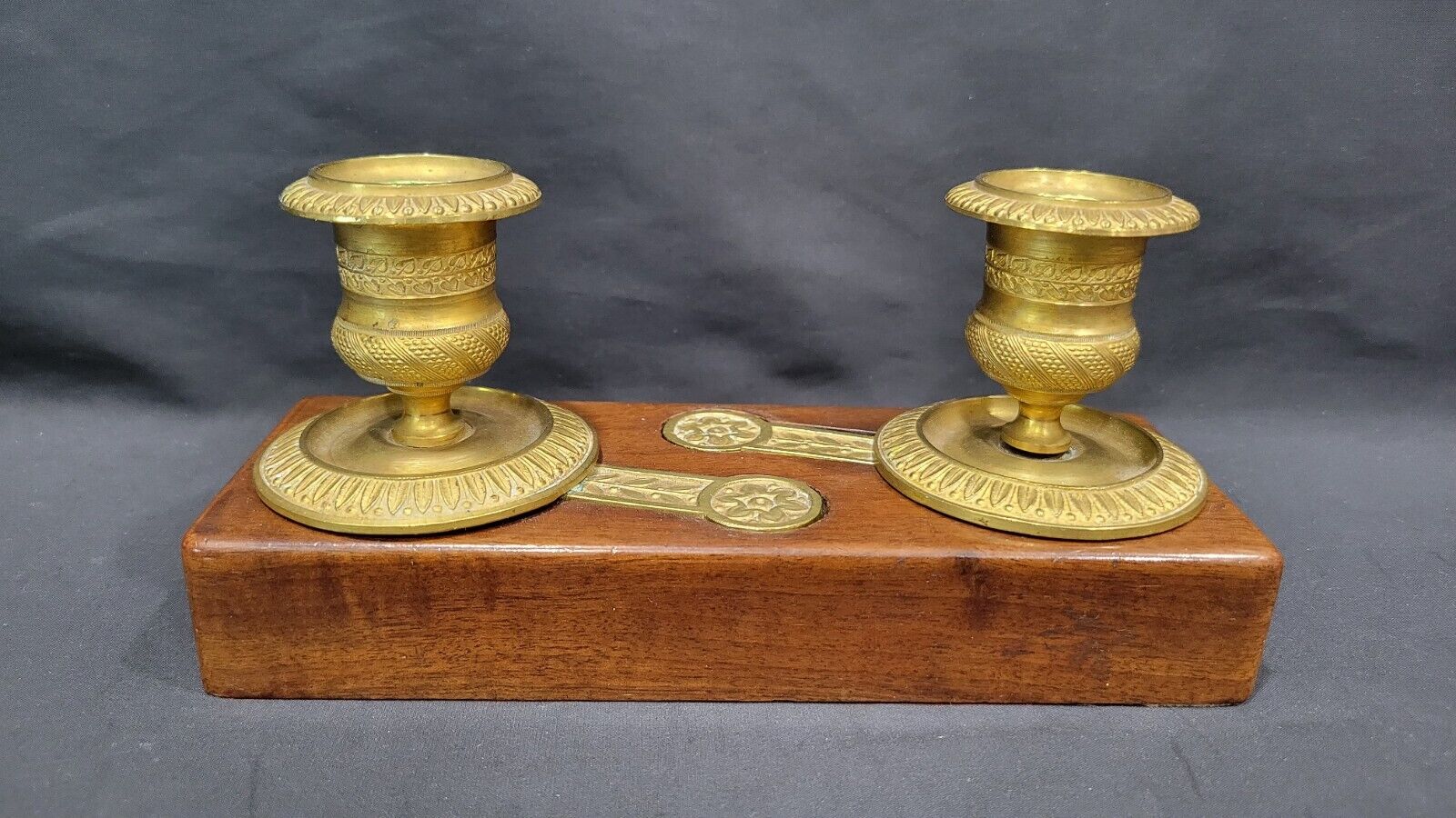 Rare ANTIQUE FRENCH BRONZE CANDLE HOLDERS w/ WOOD BASE