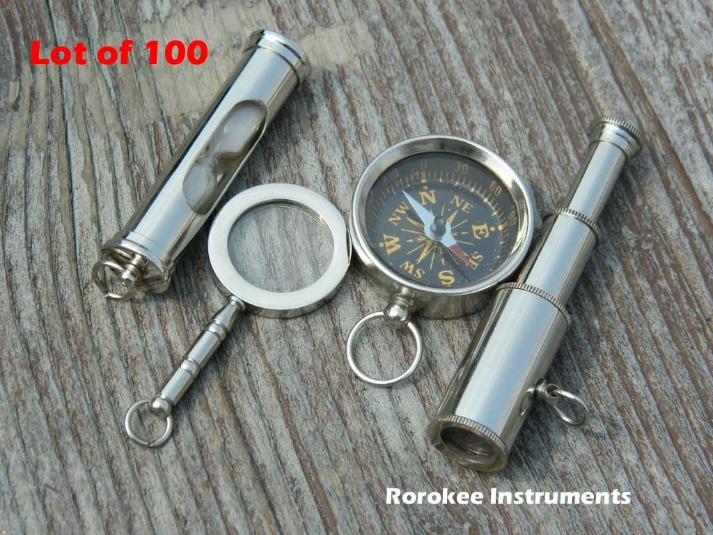 LOT 100 (25 Pc.each.item) Brass Mini Telescope-Compass-Sand Timer-Magnifier