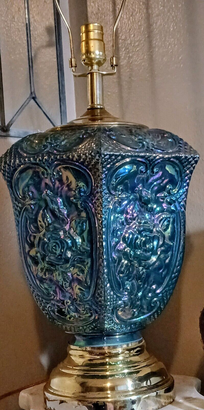 Fenton Paneled Rose Pattern Blue Table Lamp