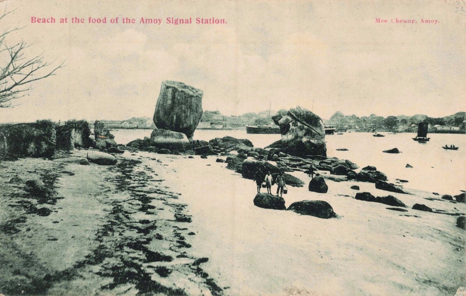 Beach at Amoy China Signal Station Postcard Mee Cheung Photo boat harbor 1913
