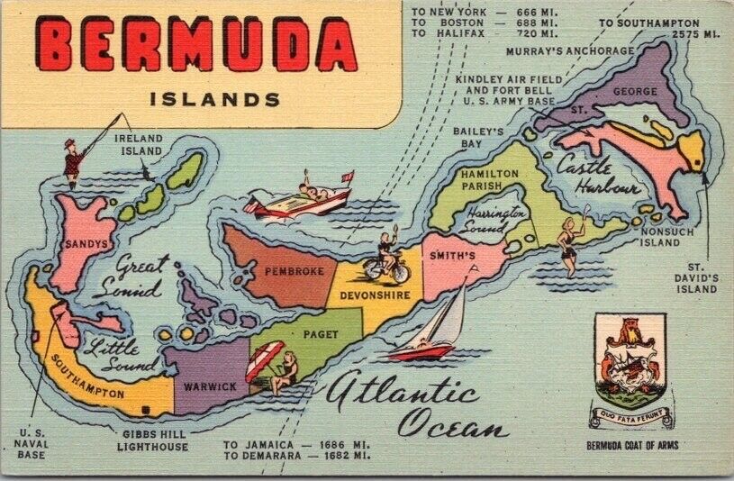 Vintage 1940s BERMUDA ISLANDS Greetings / MAP Postcard - Curteich Linen UNUSED