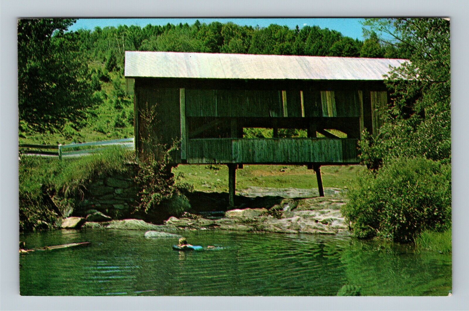 Northfield Falls VT, Old Covered Bridge, Enjoying A Swim Chrome Vermont Postcard