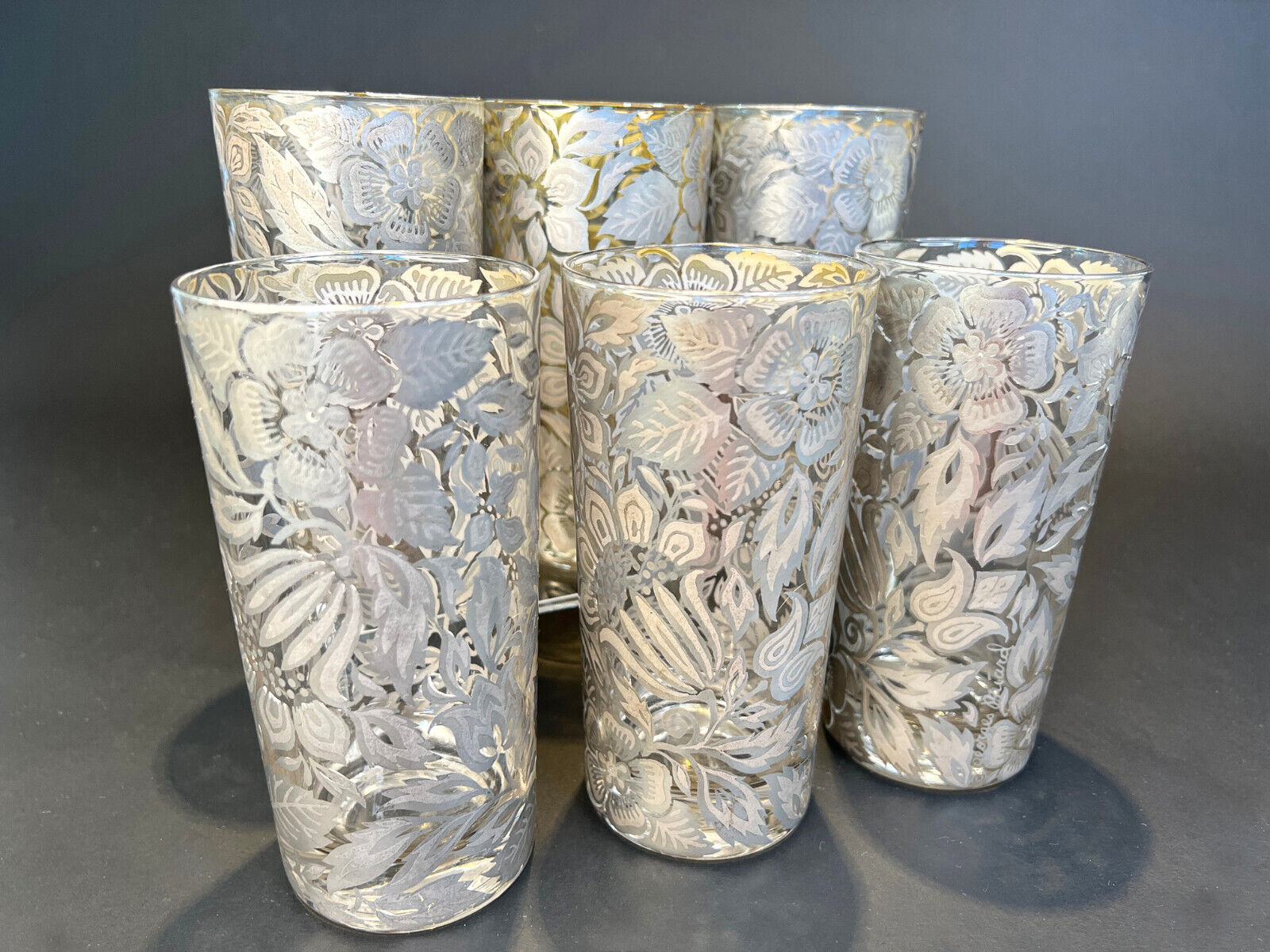 Set of 6 Vintage Georges Briard Silver Gold Floral Highball Tumblers Glasses