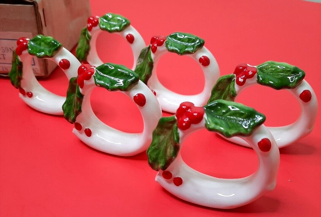 Horchow Ceramic Napkin Ring Vintage Set of 6 Holiday Holly Berry Japan w/ box