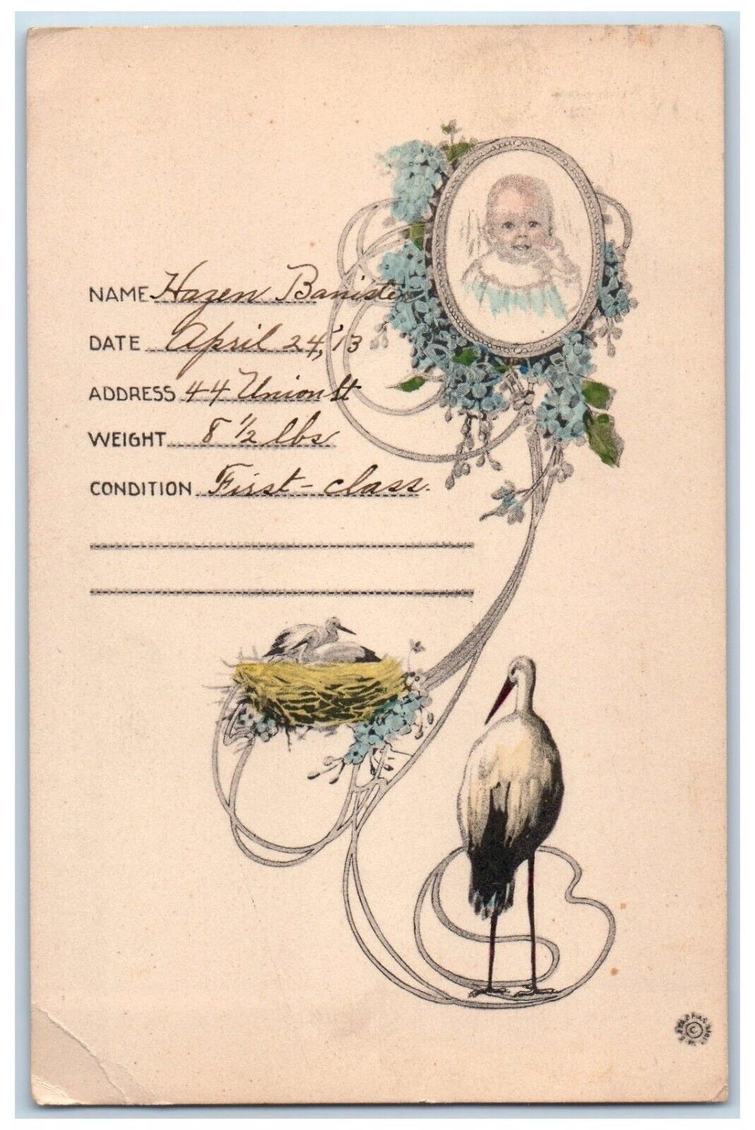 c1910\'s Stork Birth Baby Pansies Flowers Art Nouveau Posted Antique Postcard
