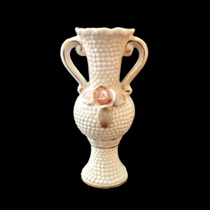 Vintage Double Handled Hobnail Porcelain Bud Vase With Gold Trim & Applied Rose