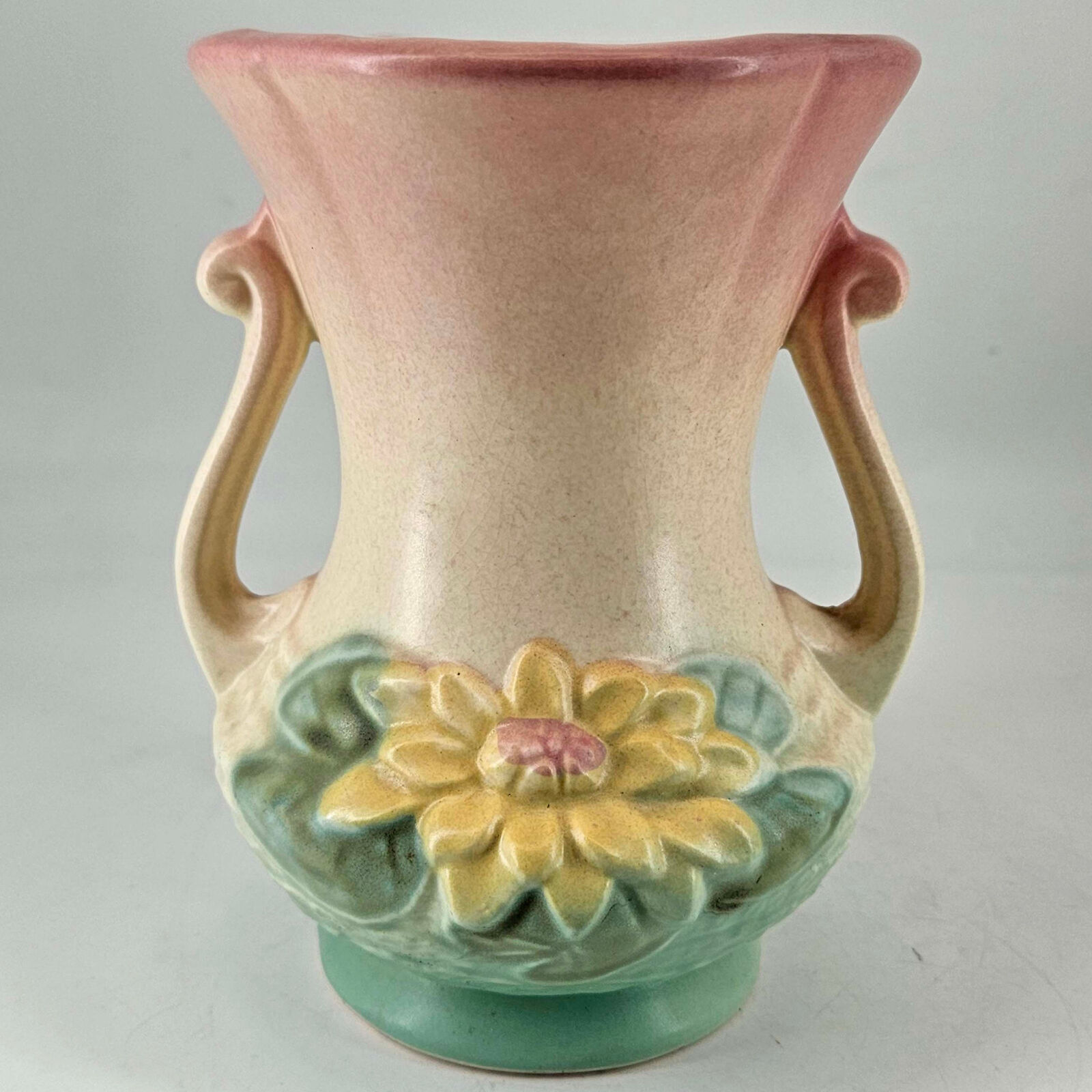 Vintage Hull Art Pottery Lily Pad Vase w handles Pink Green Pastels