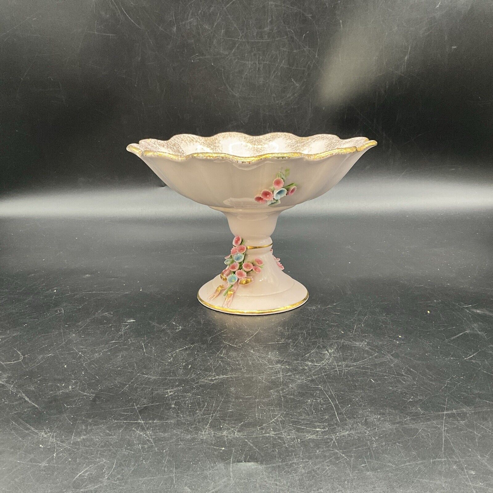 VTG Lefton Porcelain Pale Pink Compote With Gold Trim and Applied Flowers