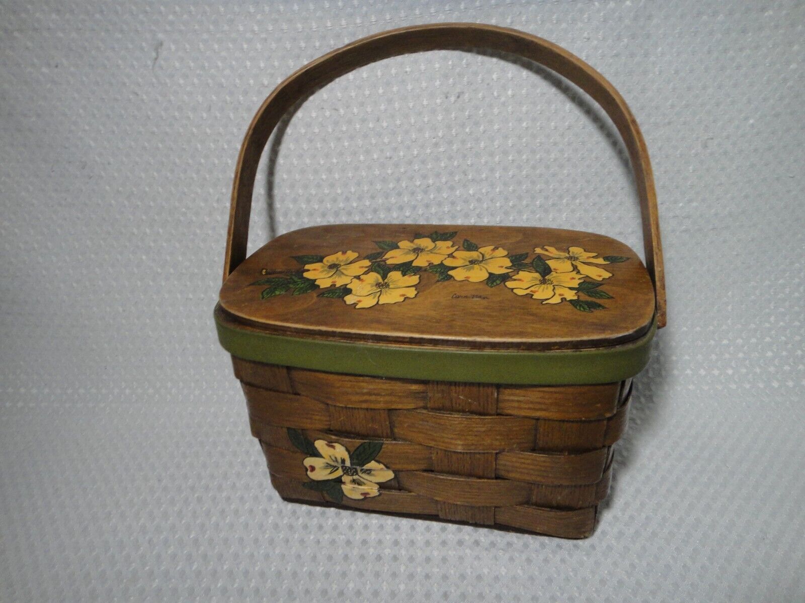 Vintage Cara Nan Signed Painted Basket Weave Yellow Flower Handle Hinged Lid