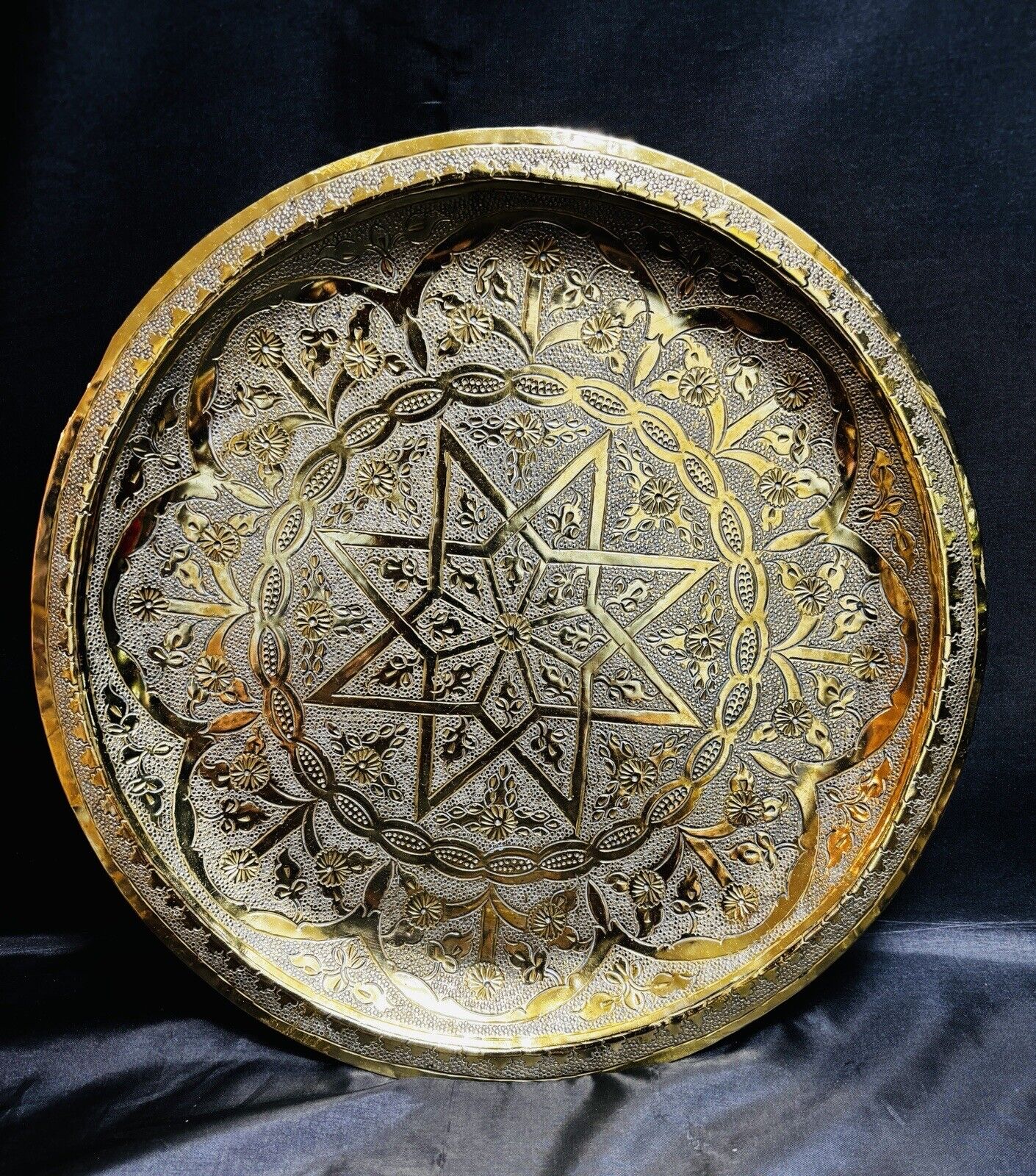 Polished Moroccan Style Etched Brass Tray With Geometric Star Pattern