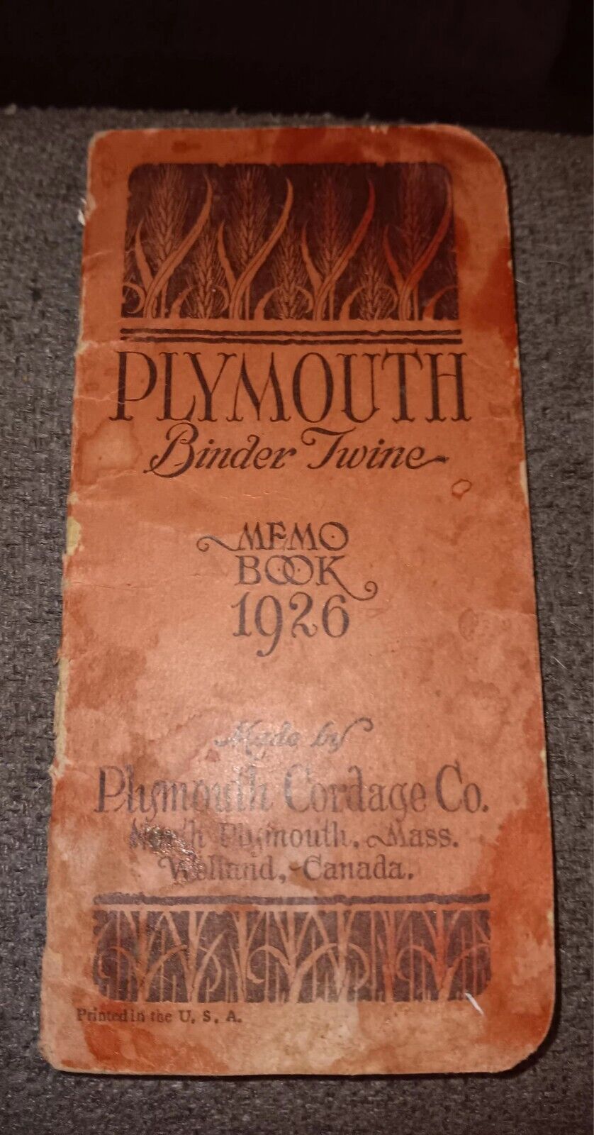 Antique 1926 Plymouth Binder Twine Memo Book Manila Rope RARE COLLECTABLE 