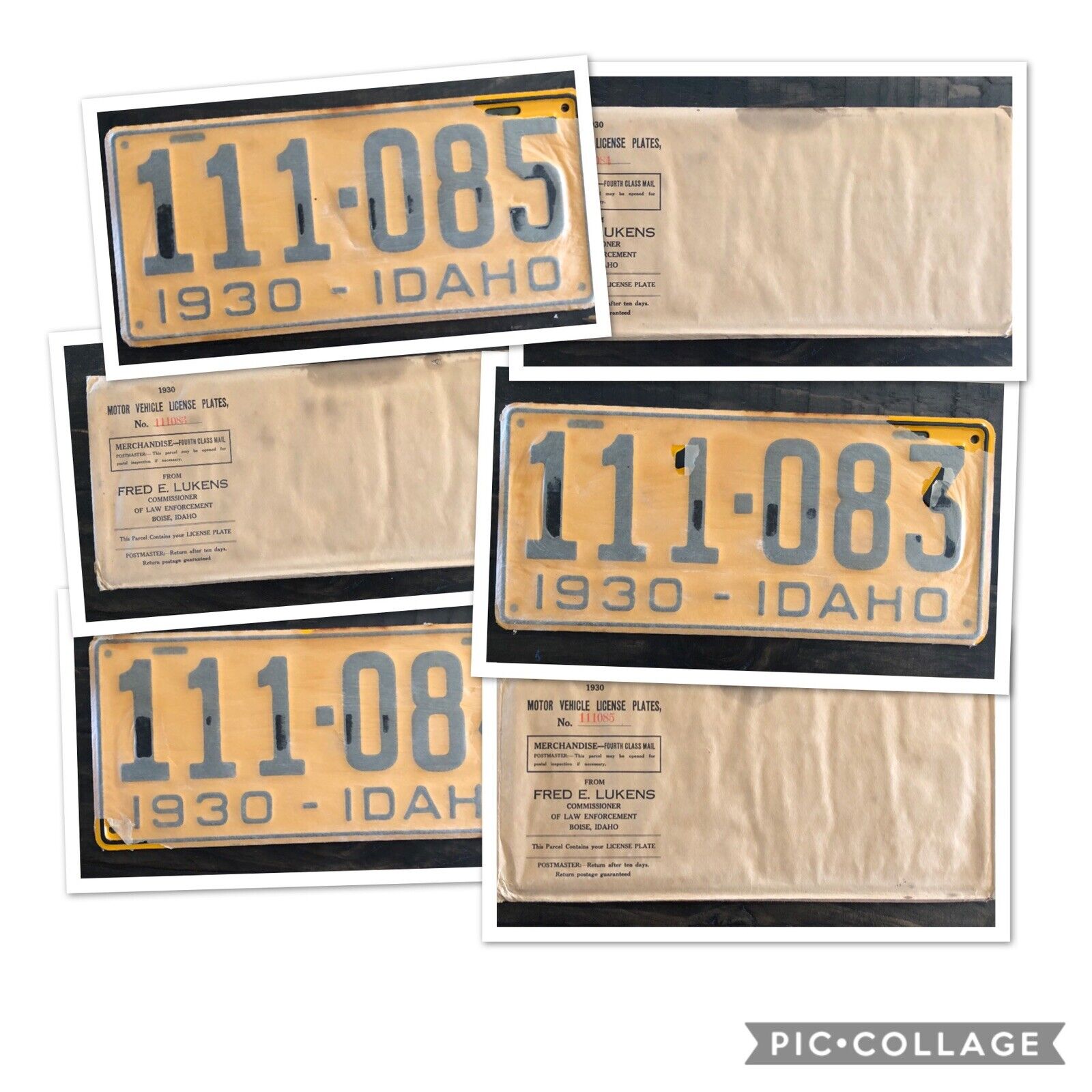 Vtg Set of 3 Consecutive 1930 ID License Plates Sequential 111083-111084-111085