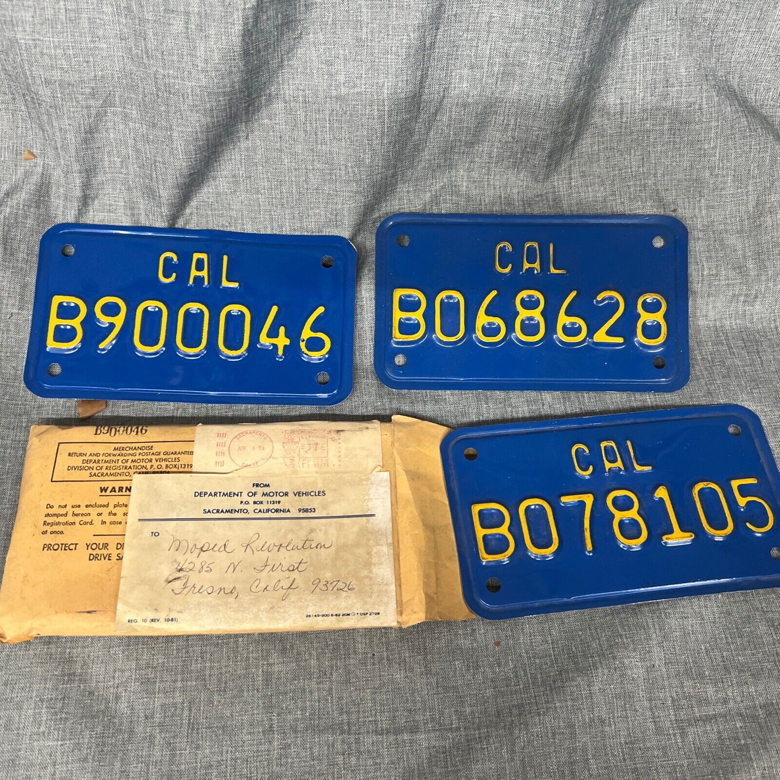 Vintage 1980\'s Blue & Yellow California MOTORCYCLE License Plates Lot Of 3