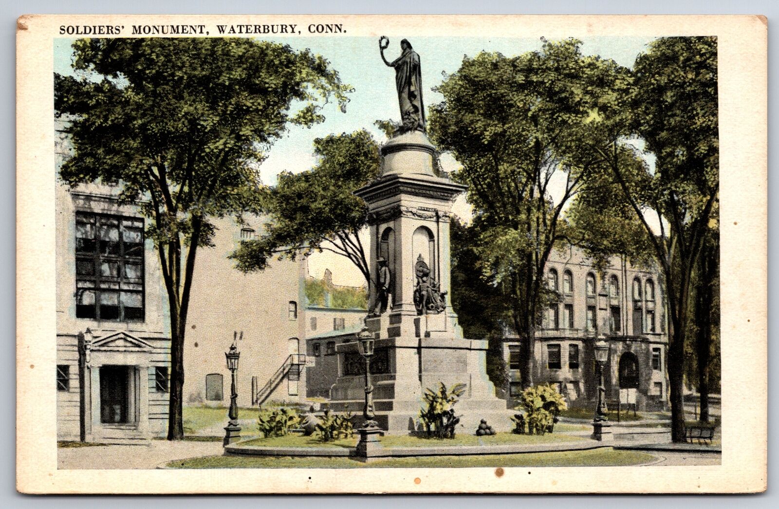 Waterbury Connecticut~Downtown Civil War Union Soldiers Monument~c1920 Postcard