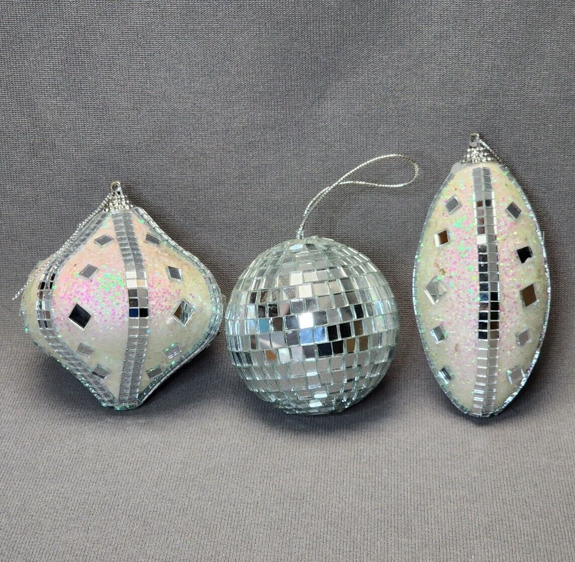Silver Mirrored Christmas Ornaments (Lot of 3) Disco Ball, Foam Glitter Teardrop