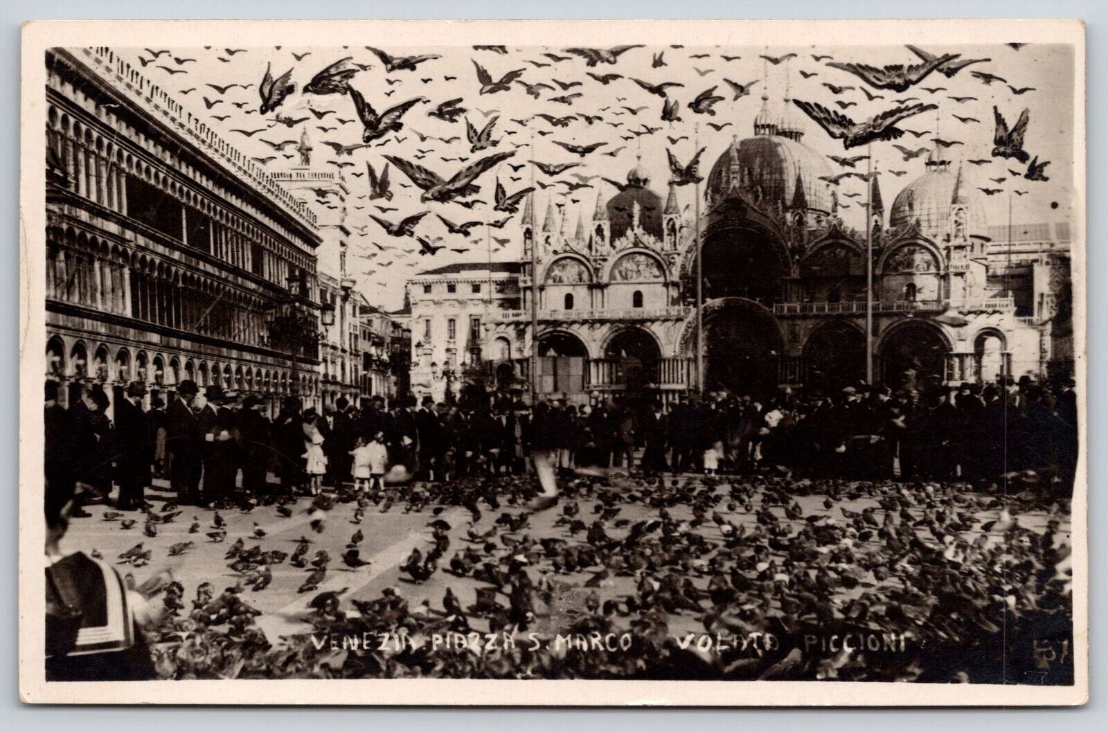 St. Mark\'s Basilica Square People Pigeons Feeding Venice Italy Postcard RPPC