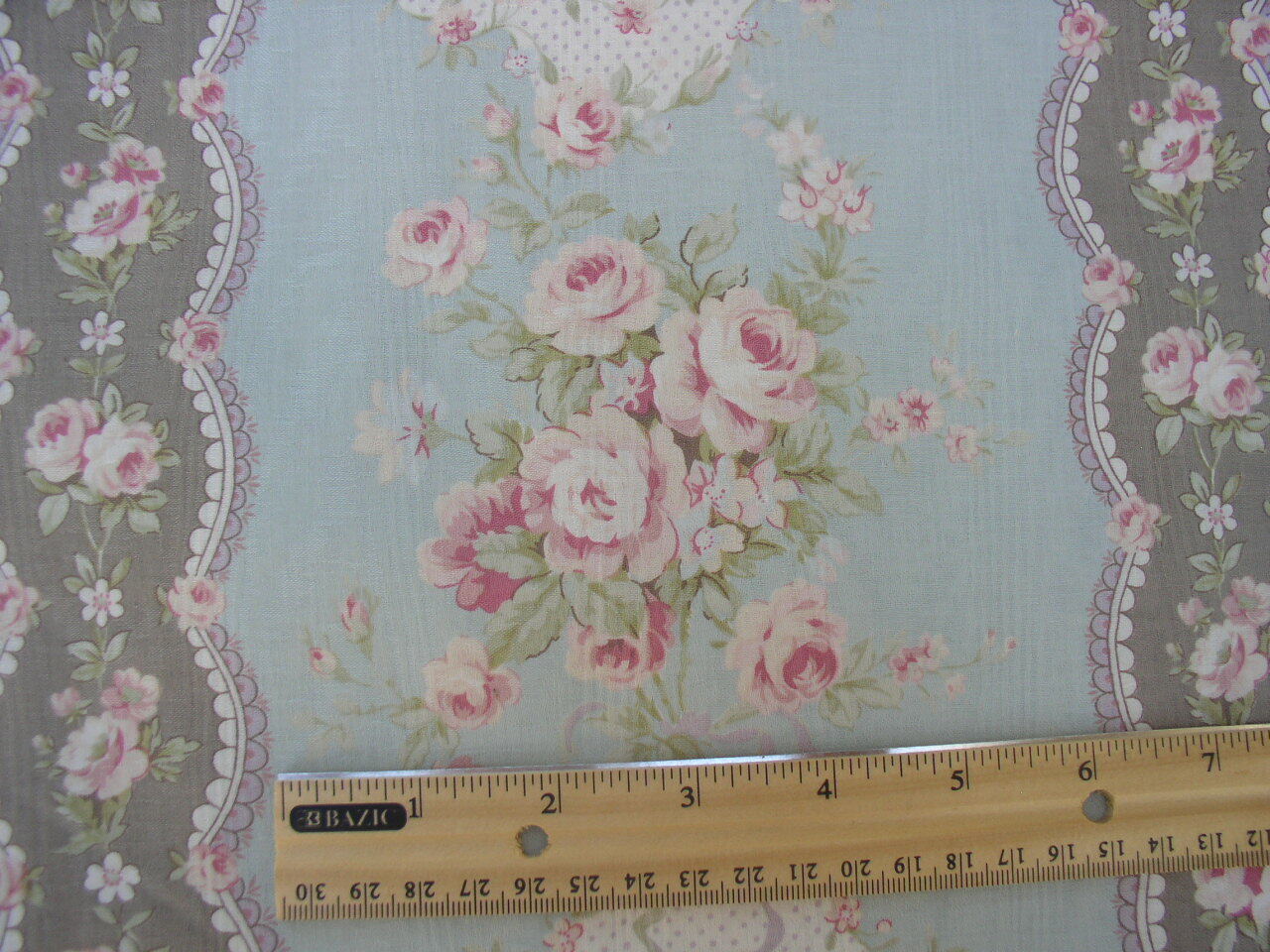 Yuwa Gorgeous Pink Roses on Aqua Cotton Moire Cartouches, Ribbons and Bows BTY
