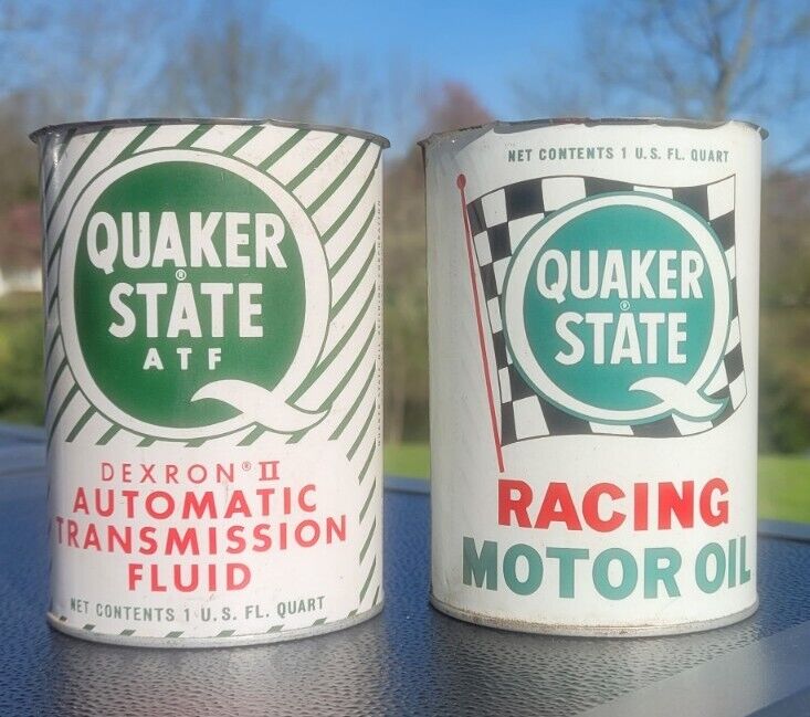 2 VINTAGE QUAKER STATE TRANSMISSION FLUID RACING MOTOR OIL CITY PA CANS UNUSED 