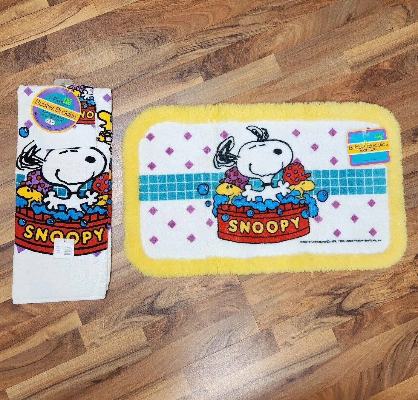Vintage Peanuts Snoopy Bubble Buddies Bath Towel & Wash Cloth +Matching Bath Rug