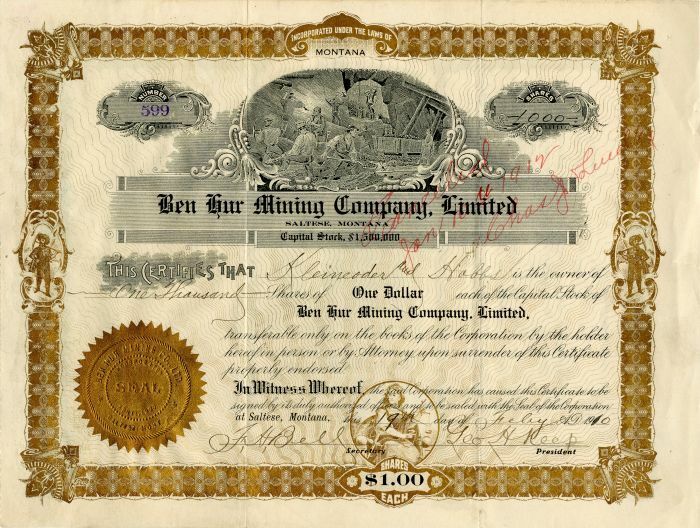 Ben Hur Mining Co., Limited - Stock Certificate - Mining Stocks