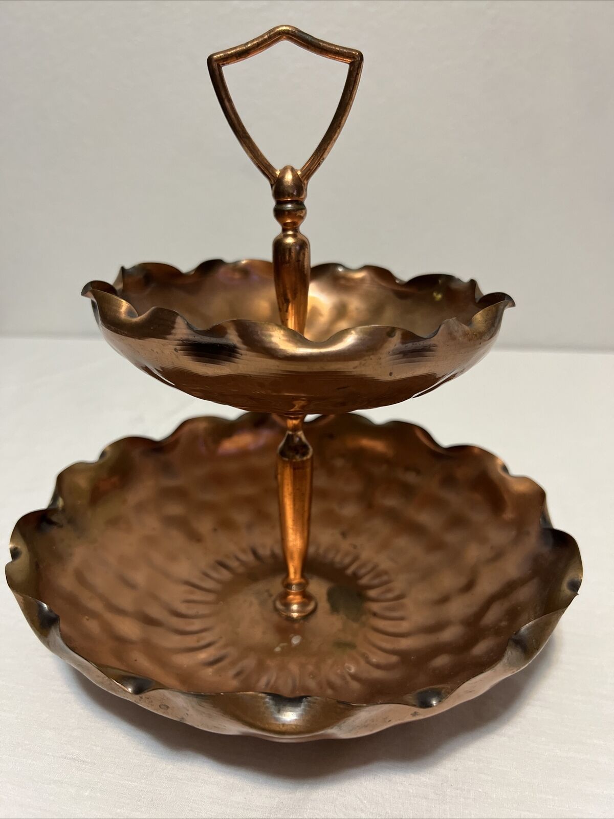 Vintage Gregorian Copper Hammered Ruffled Edge Two Tiered Tidbit Candy Tray 10\