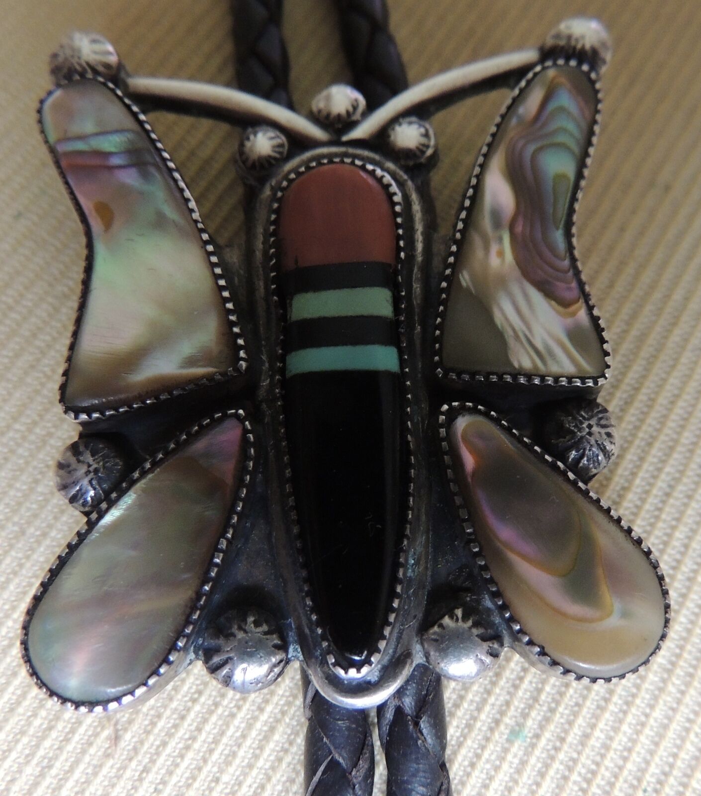 Fabulous Zuni Butterfly Bolo Abalone, Coral, Jet, Turquoise Mosaic Inlay 1957-67