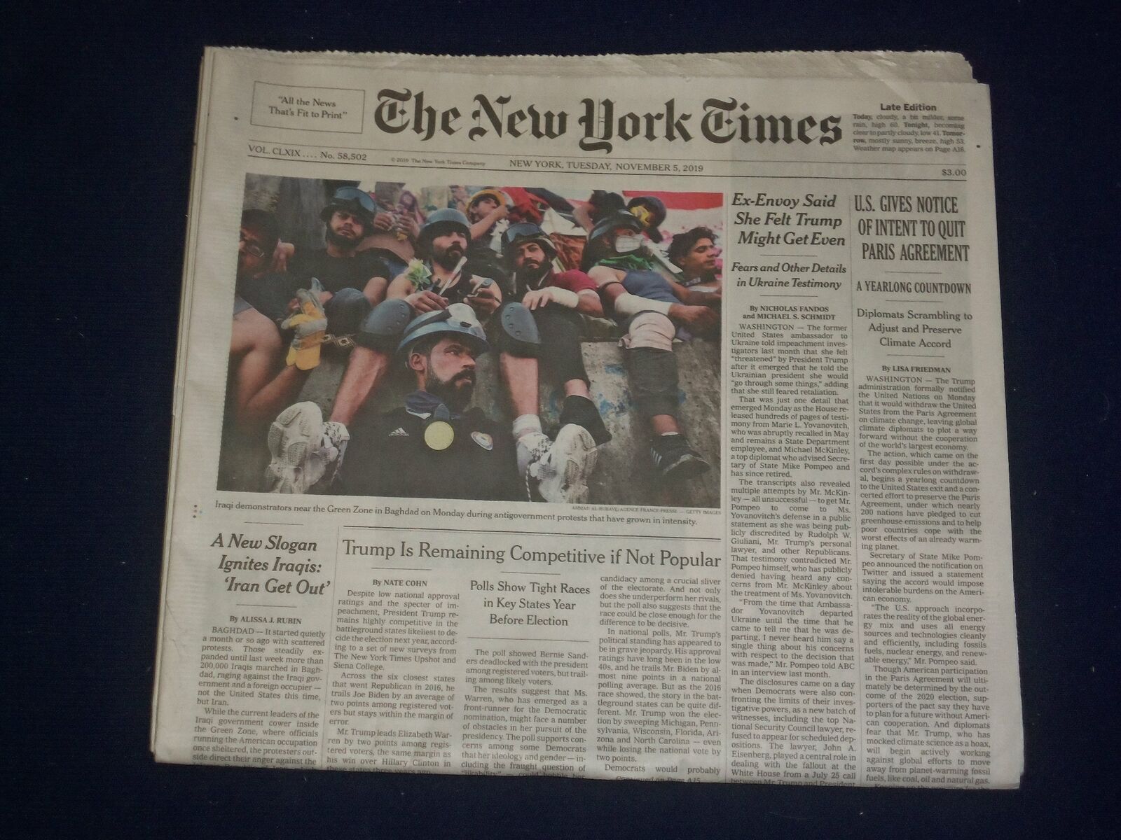 2019 NOVEMBER 5 NEW YORK TIMES - U.S GIVES NOTICE OF INTENT TO QUIT PARIS AGREEM