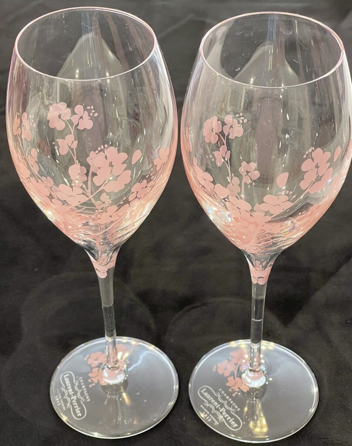 RARE Set Of 2 Laurent Perrier Signed Champagne Flutes Glasses Pink Rose MINT