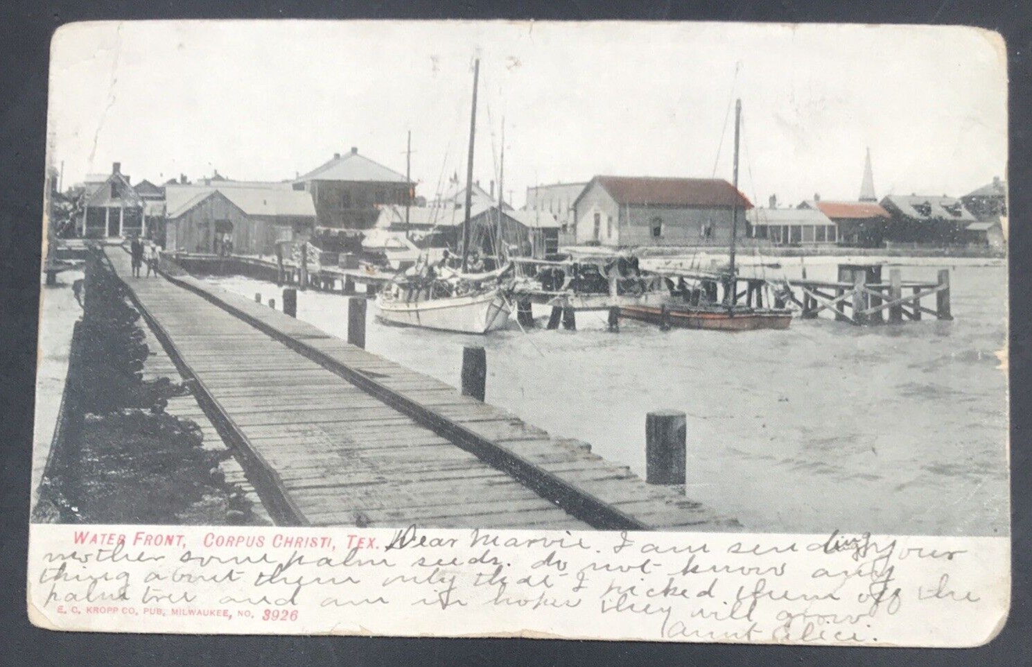 1908 Water Front in Corpus Christi TX Texas Postcard Boat Schooner Sailboat