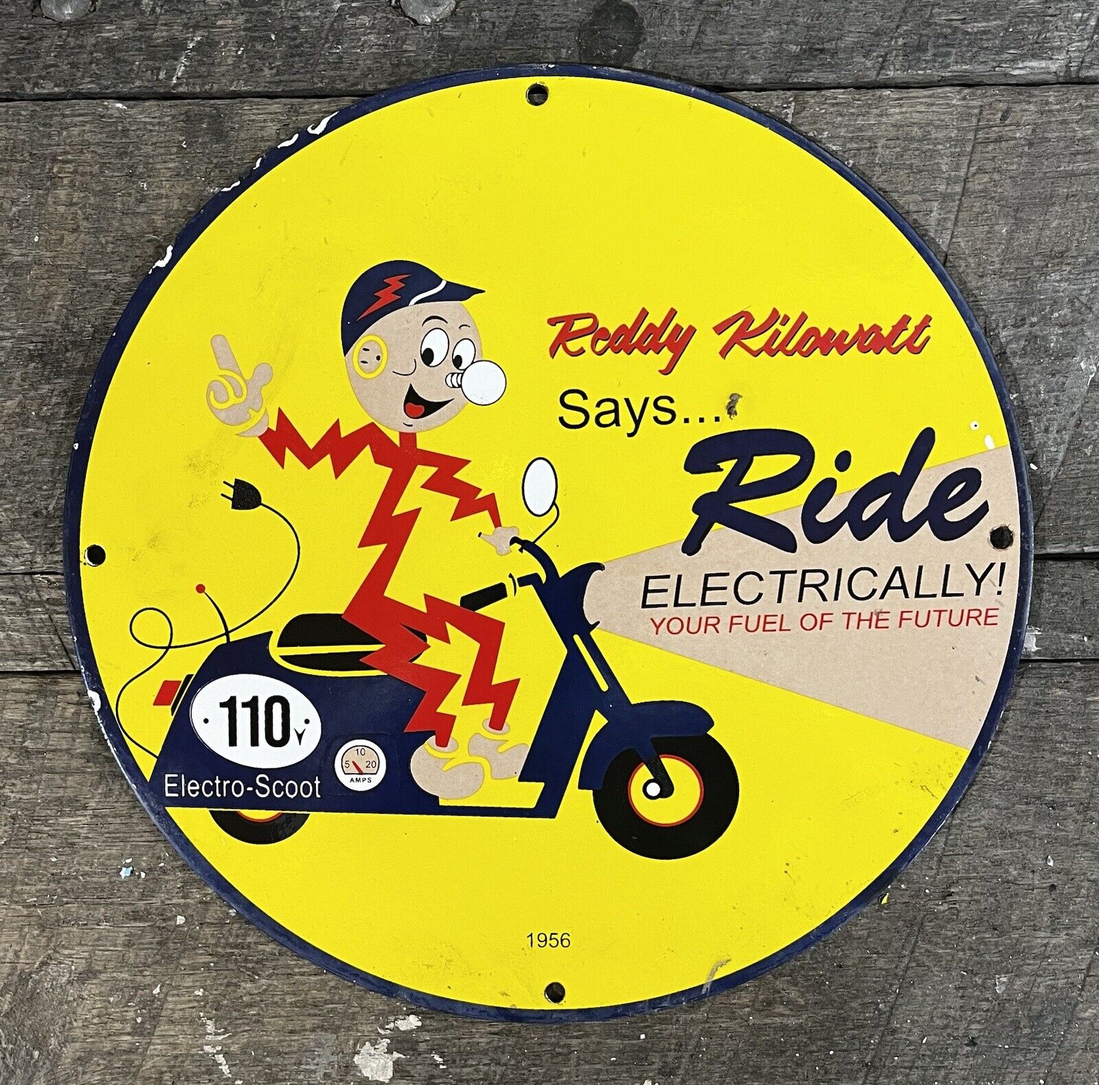 REDDY KILOWATT 1956 Electric Scooter Porcelain Store Sign, 11.5”