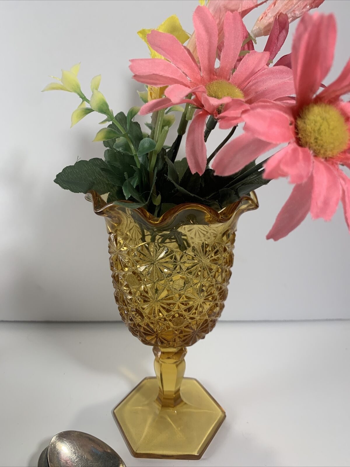 Vtg Daisy & Button Amber Glass Pedestal Vase~Compote~Spooner*~Ruffled Rim~6.5”