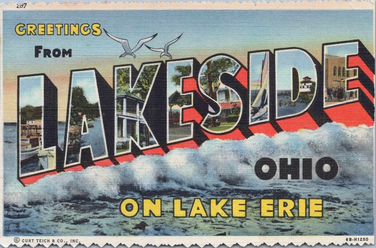 Greetings From Lakeside Ohio Lake Erie 1946 Large Letter Seagulls Sailboat