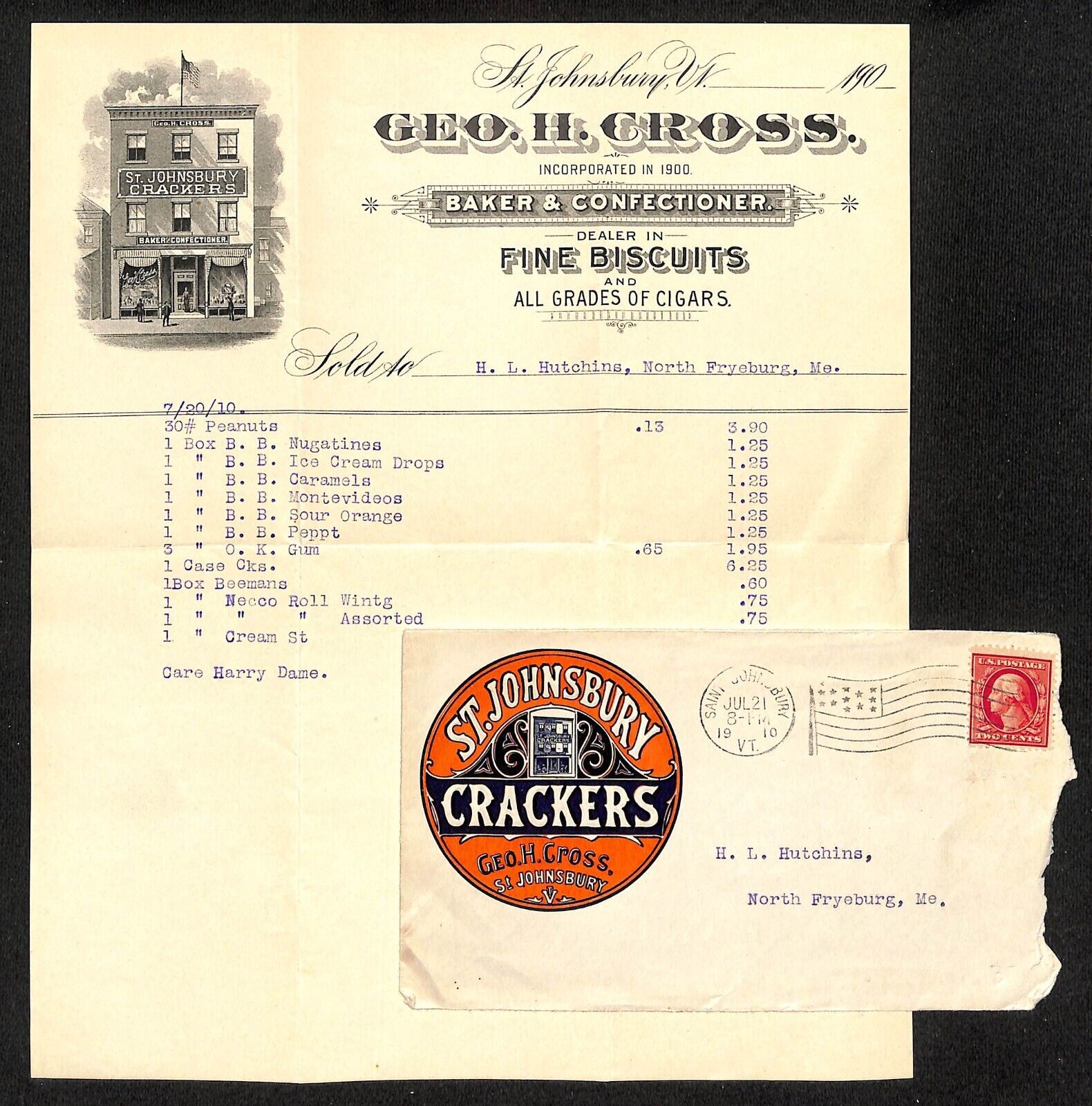 St. Johnsbury, VT Geo. H. Cross Baker & Confectioners 1910 Billhead & Cover