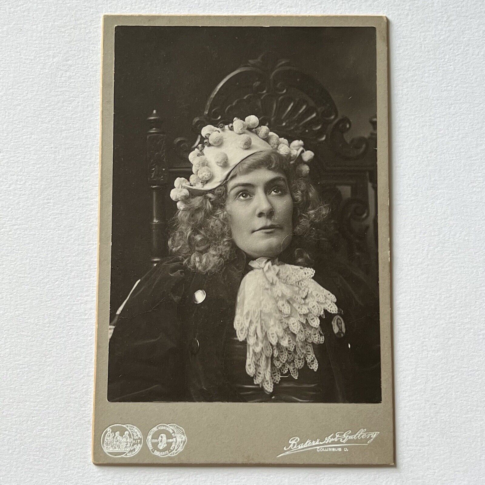 Antique Cabinet Card Photograph Woman Wearing Pom Pom Hat Abraham Lincoln Pin