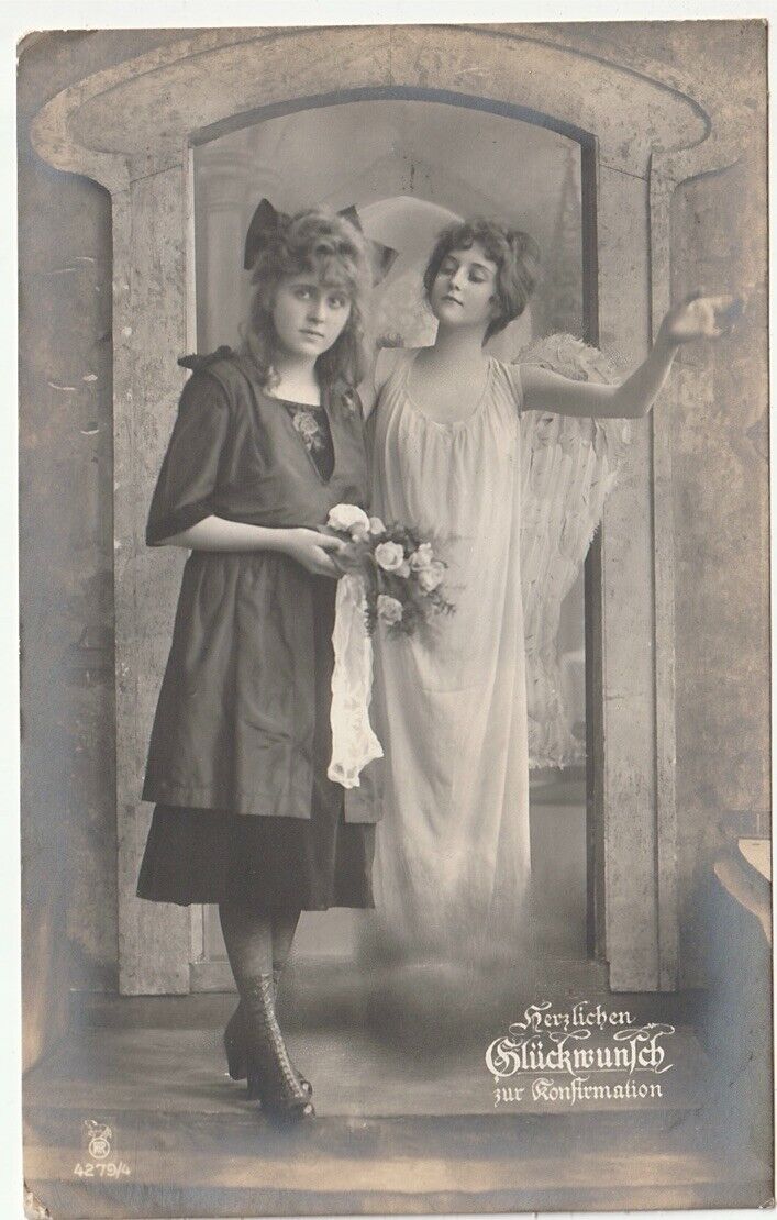 1924 German Confirmation RPPC girl w/ flowers and angel
