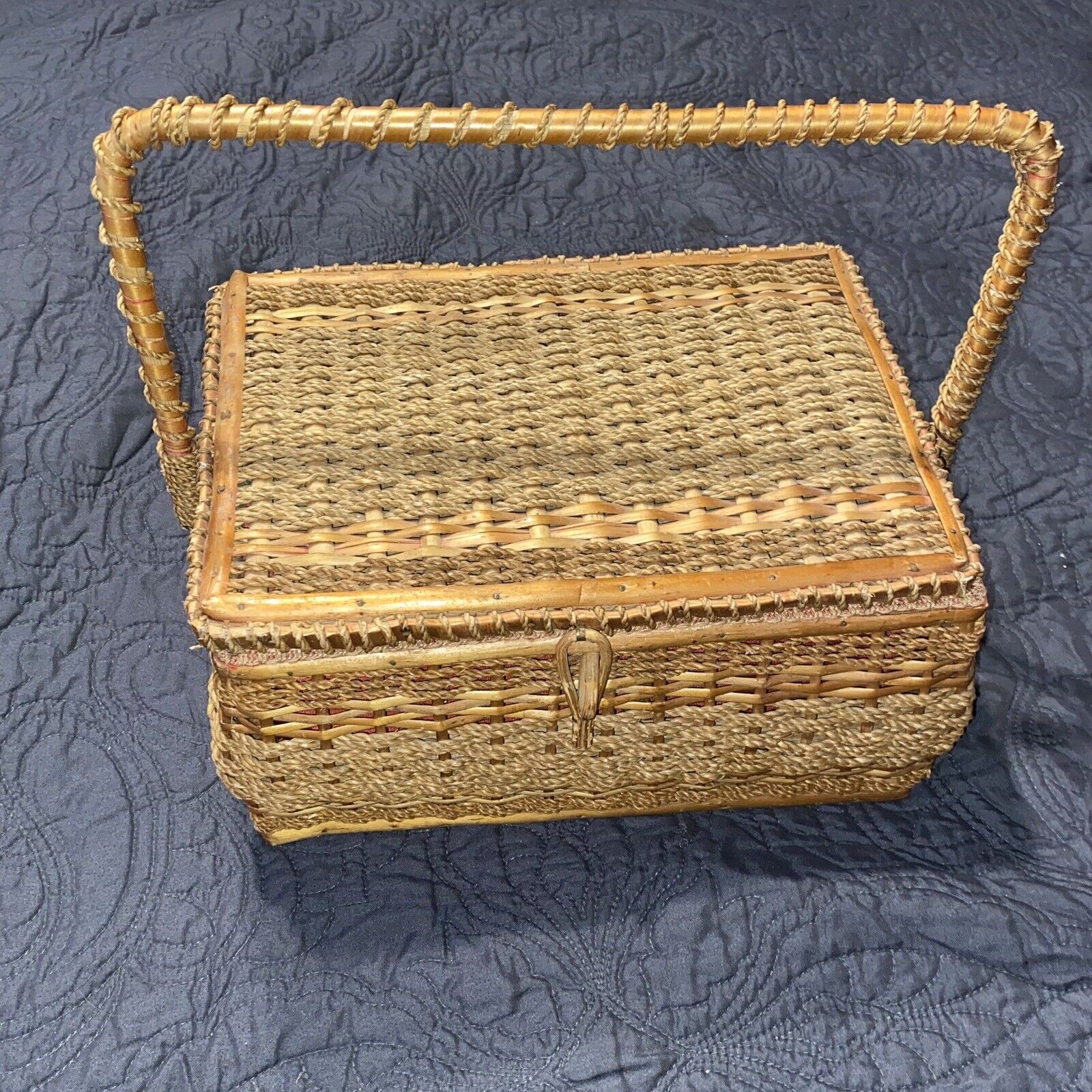 Vintage Wood Wicker Flip Top Sewing Basket with Red Lining - USB West Germany