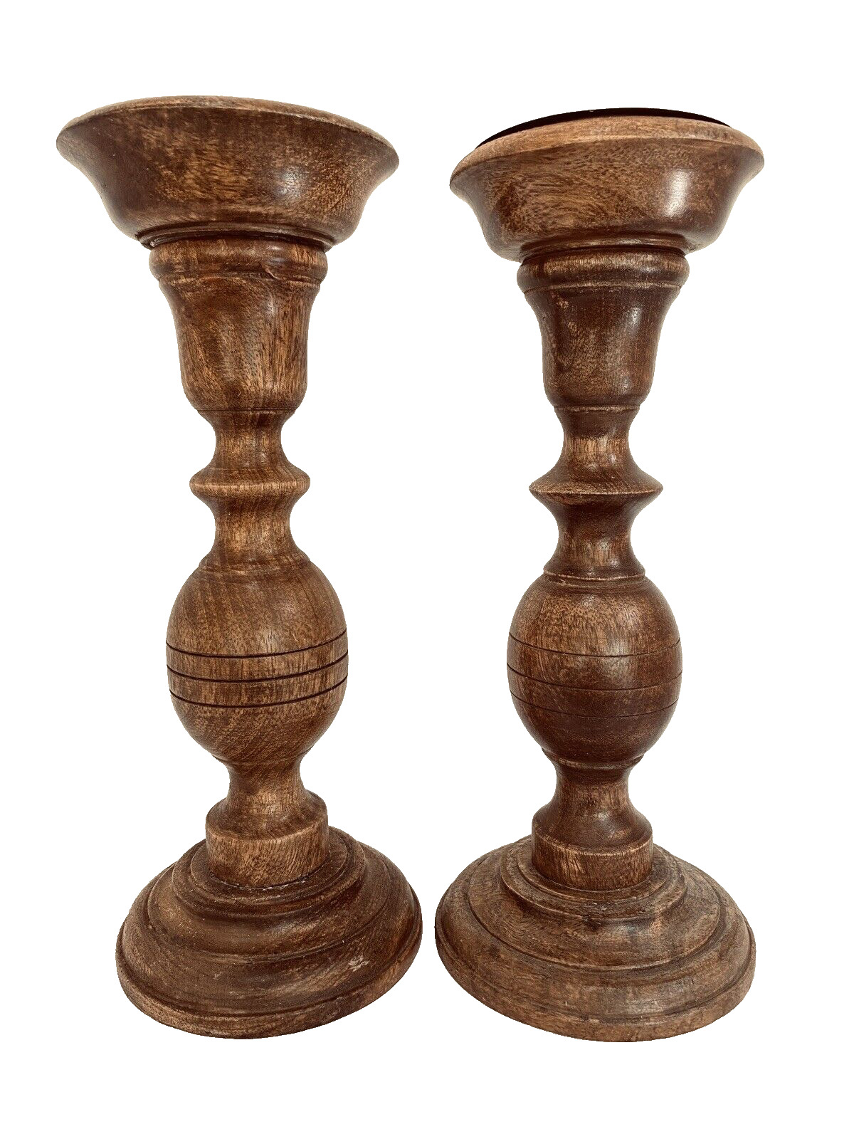Pair Solid Wood Teak Candle Stick Holders 12” Hand Turned Boho Countrycore
