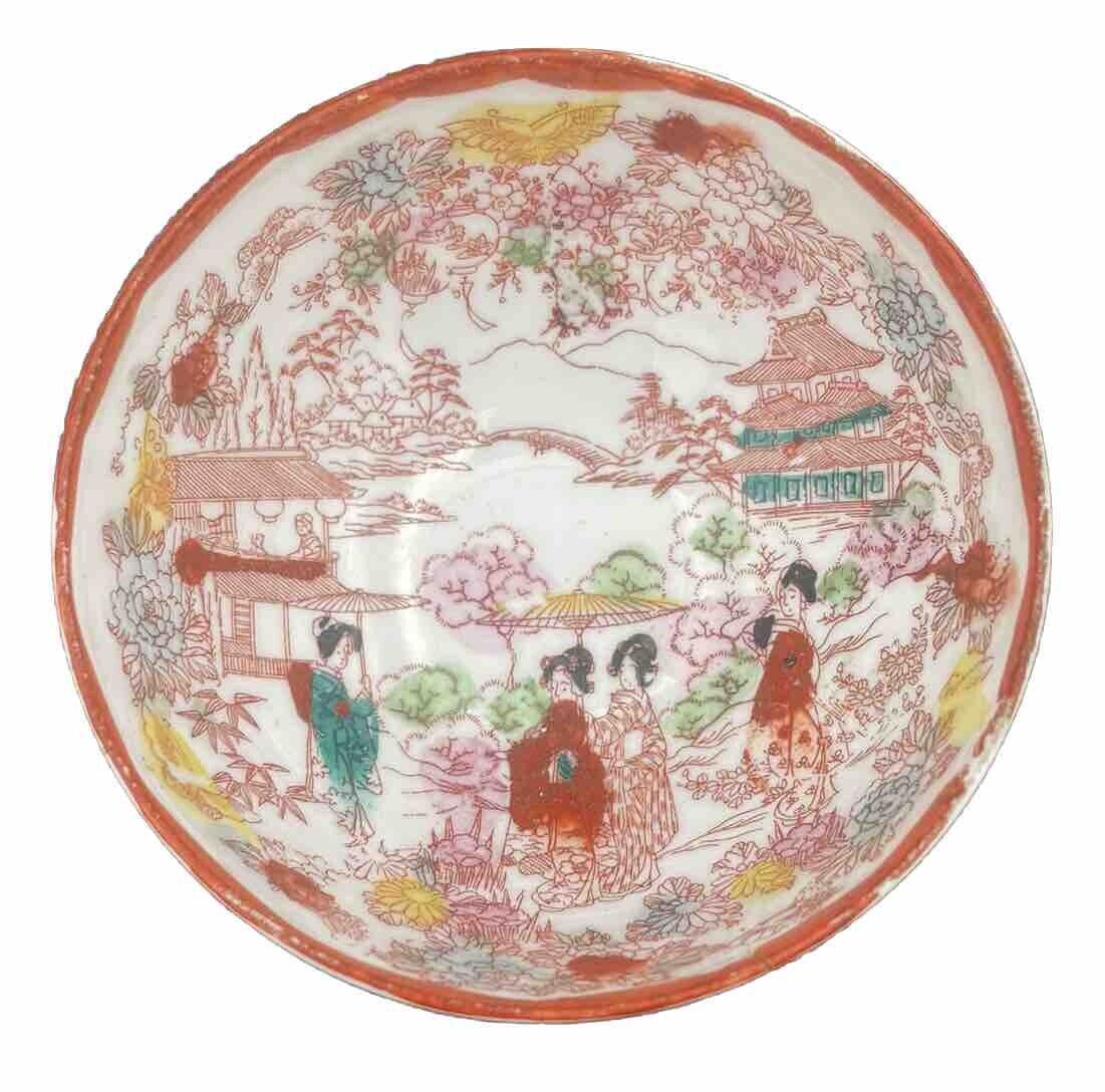 Hand Painted Geisha Girl Bowl Kutani Style Footed Red Candy Nut Footed Dish