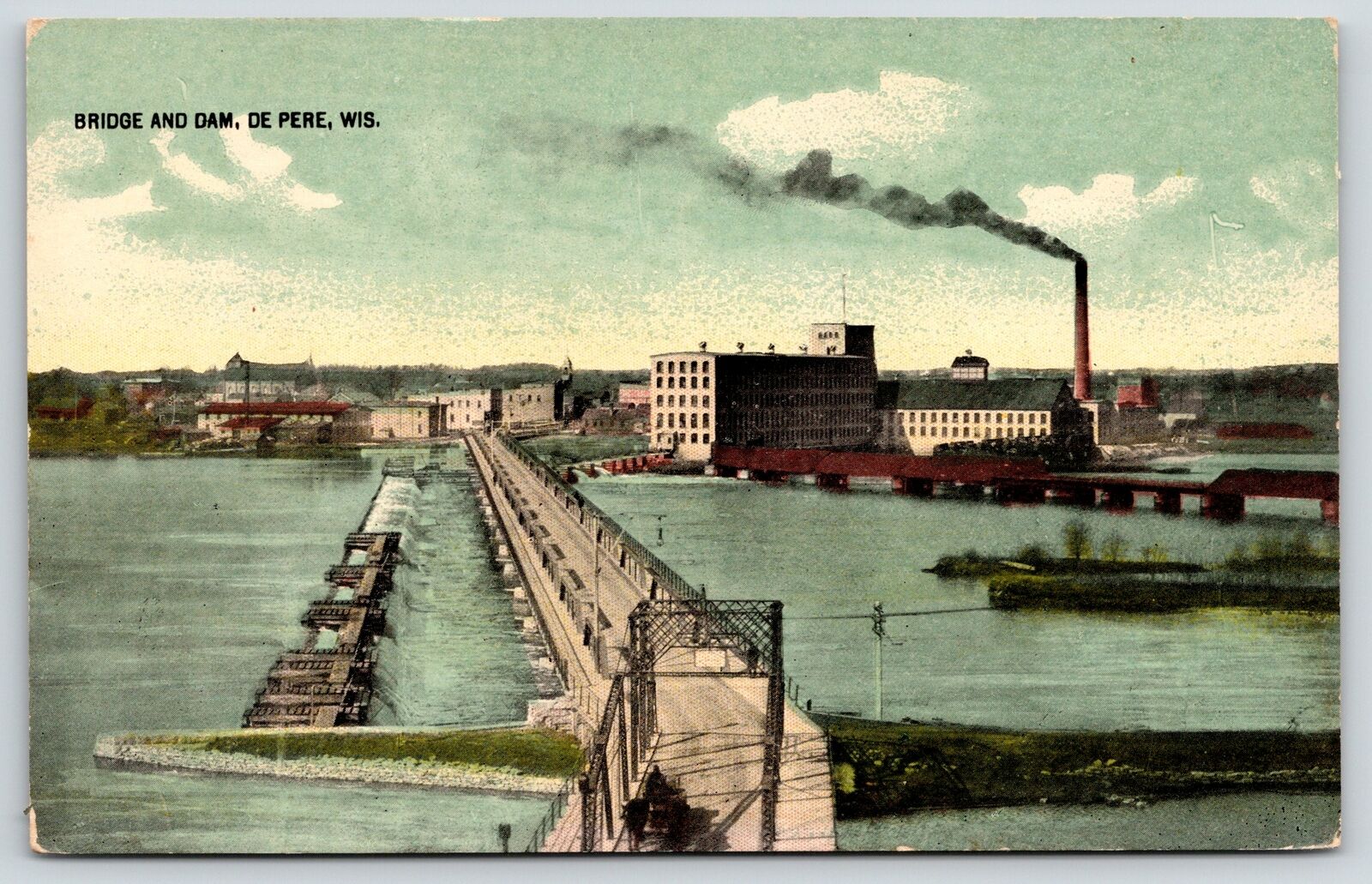 De Pere Wisconsin~Birdseye Bridge & dam~Waterfront Factories~c1910 Postcard