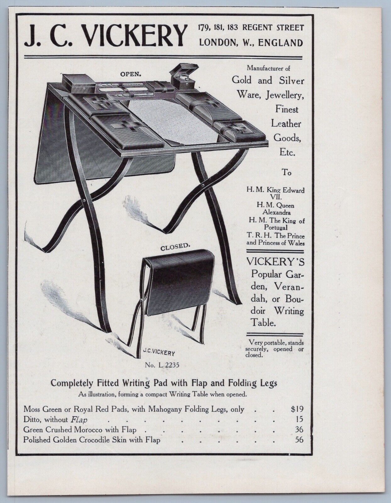 1906 J C Vickery Vintage Ad Portable Writing Table London England Travel
