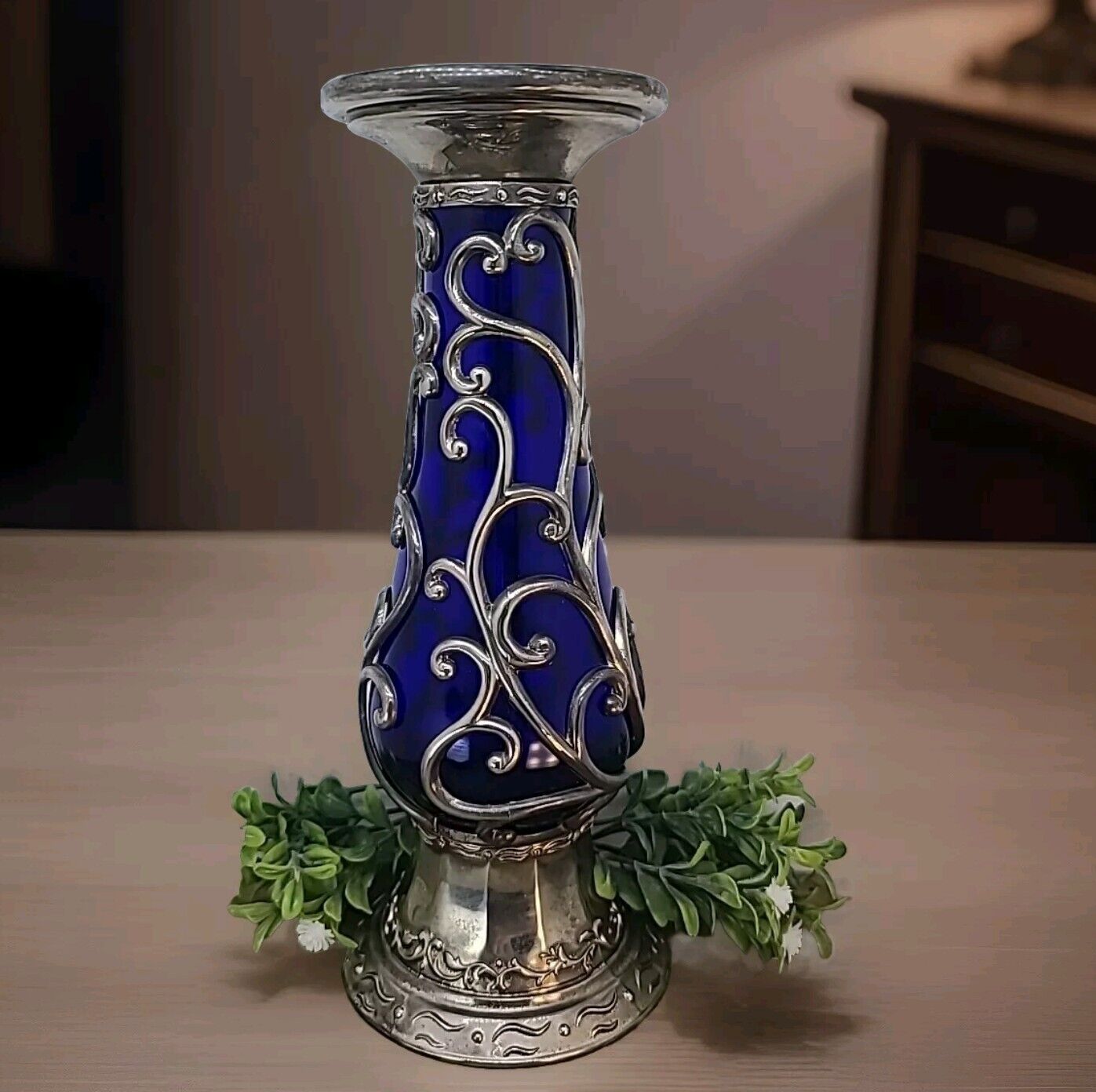 Vintage Cobalt Blue Glass & Silver Pillar Single Candleholder Ornate Scrollwork