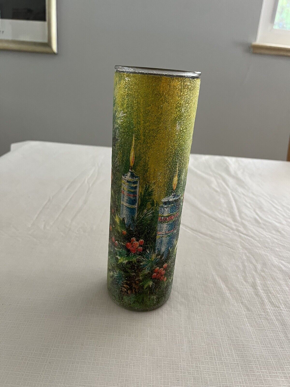 Vintage Sugar Frosted Glass Christmas Pillar Candle Holder 