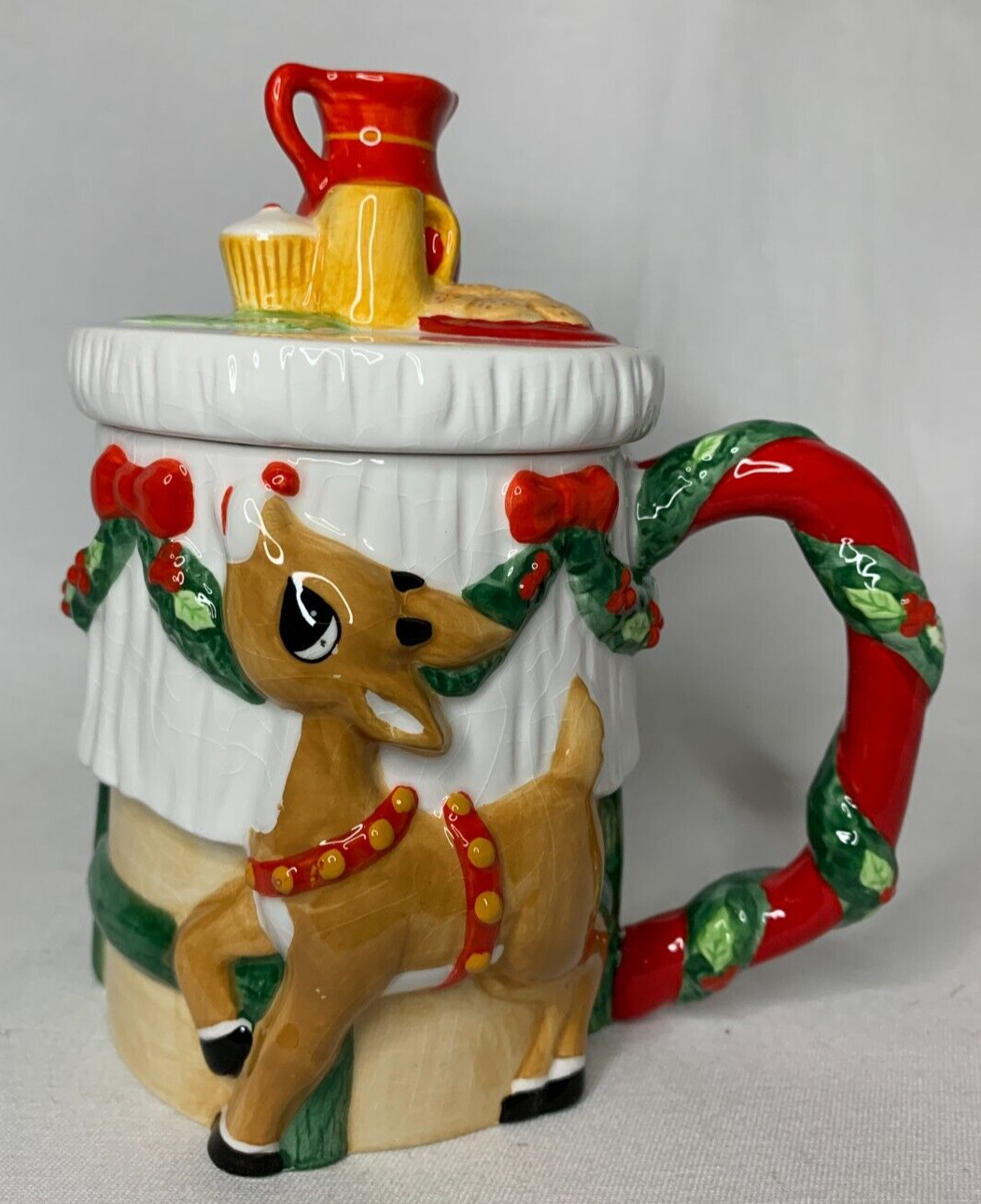 Lenox Rudolph The Red-Nosed Reindeer Mug with Lid 6 1/4 inch Red handle 2002