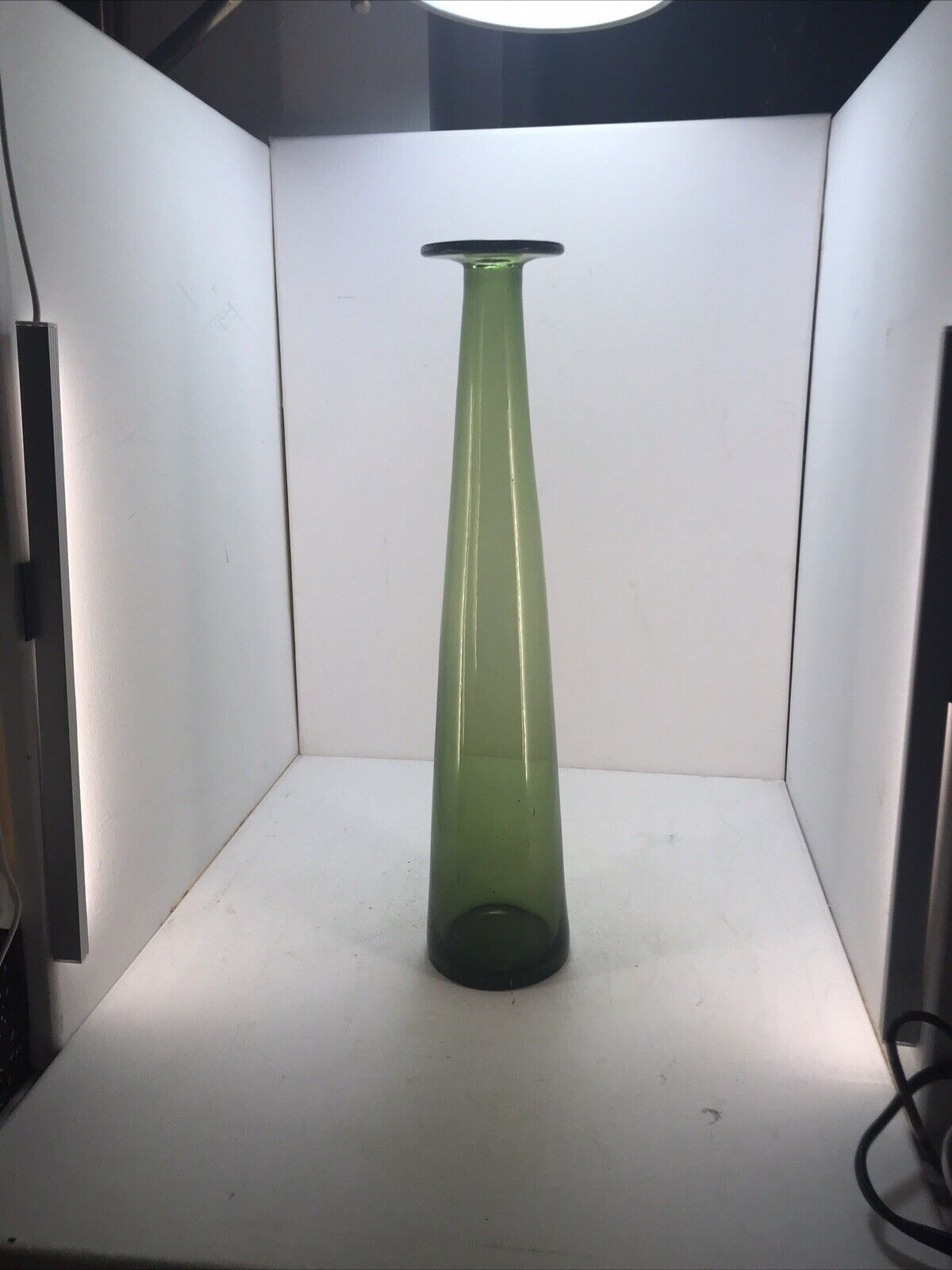Collectible Tall Glass Bottle Avocado Green 15.25” T Flat Top Hand Blown 
